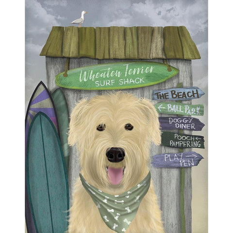 Wheaten Terrier Surf Shack Gold Ornate Wood Framed Art Print with Double Matting by Fab Funky