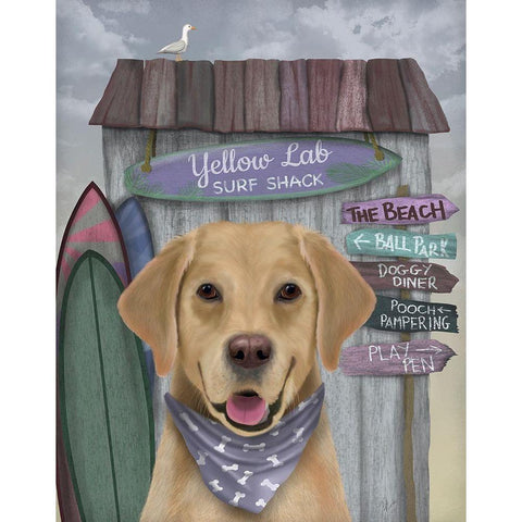 Yellow Labrador Surf Shack Gold Ornate Wood Framed Art Print with Double Matting by Fab Funky