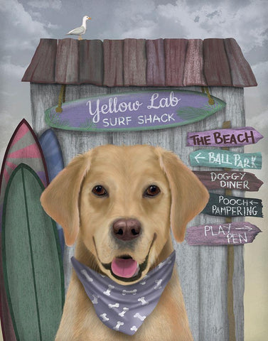 Yellow Labrador Surf Shack Black Ornate Wood Framed Art Print with Double Matting by Fab Funky