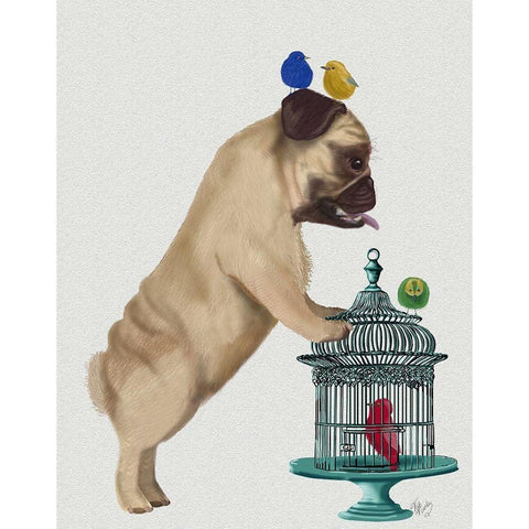 Pug and Birdcage White Modern Wood Framed Art Print by Fab Funky