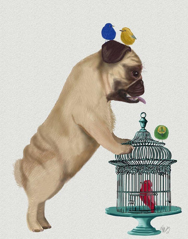 Pug and Birdcage White Modern Wood Framed Art Print with Double Matting by Fab Funky