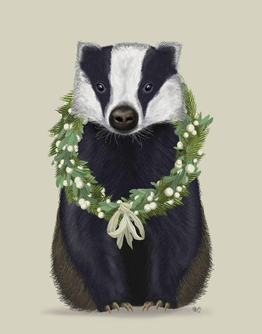 Christmas Badger and Sage Wreath White Modern Wood Framed Art Print with Double Matting by Fab Funky