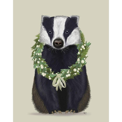 Christmas Badger and Sage Wreath White Modern Wood Framed Art Print by Fab Funky