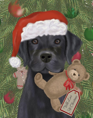 Christmas Black Labrador and Teddy Black Ornate Wood Framed Art Print with Double Matting by Fab Funky