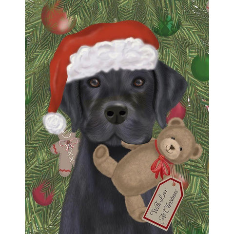 Christmas Black Labrador and Teddy White Modern Wood Framed Art Print by Fab Funky