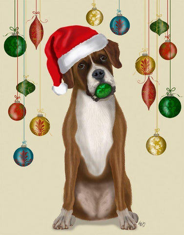 Christmas Boxer and Bauble Ball White Modern Wood Framed Art Print with Double Matting by Fab Funky