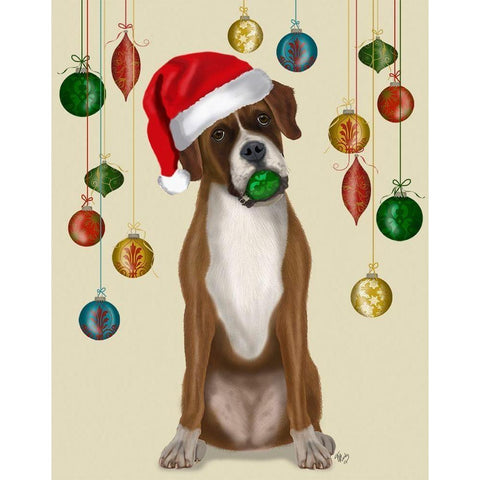 Christmas Boxer and Bauble Ball White Modern Wood Framed Art Print by Fab Funky