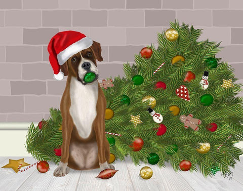 Christmas Boxer and Broken Christmas Tree Black Ornate Wood Framed Art Print with Double Matting by Fab Funky