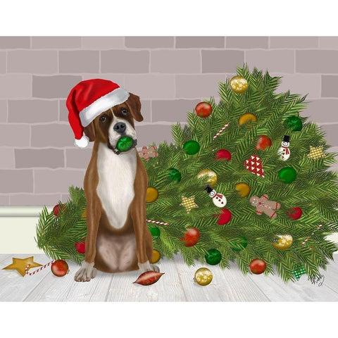 Christmas Boxer and Broken Christmas Tree Black Modern Wood Framed Art Print with Double Matting by Fab Funky