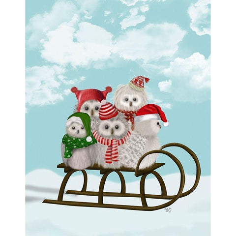 Christmas Christmas Owl Sled White Modern Wood Framed Art Print by Fab Funky