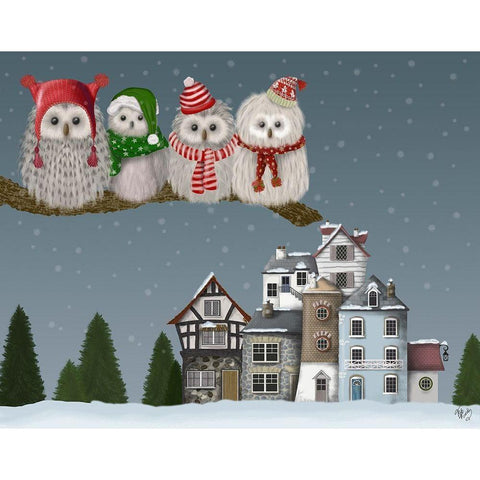 Christmas Christmas Owl Village White Modern Wood Framed Art Print by Fab Funky