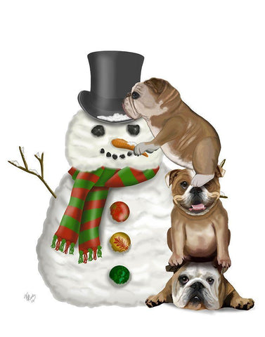 Christmas English Bulldogs Building Snowman Black Ornate Wood Framed Art Print with Double Matting by Fab Funky