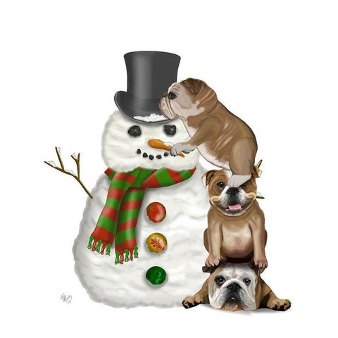 Christmas English Bulldogs Building Snowman White Modern Wood Framed Art Print by Fab Funky