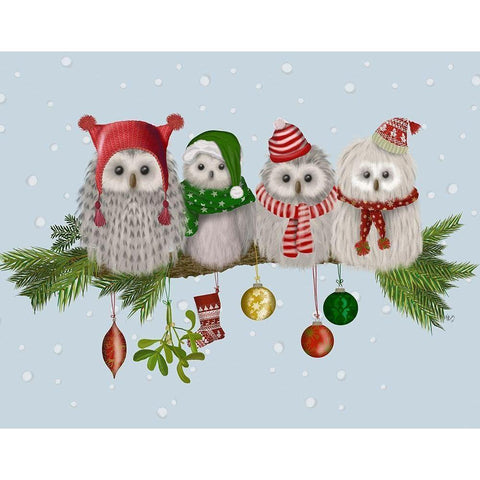 Christmas Fluffy Christmas Owls on Branch White Modern Wood Framed Art Print by Fab Funky