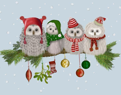 Christmas Fluffy Christmas Owls on Branch Black Ornate Wood Framed Art Print with Double Matting by Fab Funky