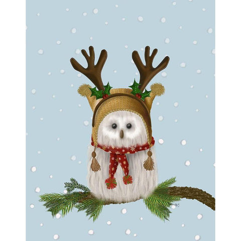 Christmas Fluffy Owl and Antlers White Modern Wood Framed Art Print by Fab Funky