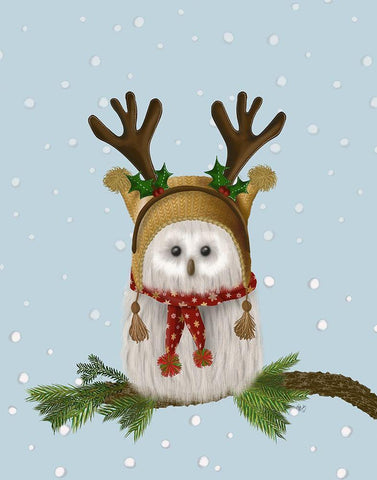 Christmas Fluffy Owl and Antlers White Modern Wood Framed Art Print with Double Matting by Fab Funky