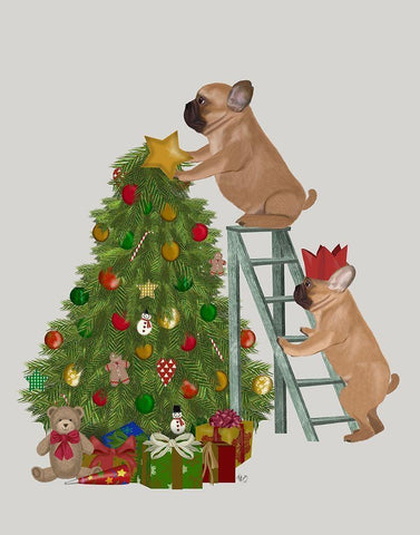 Christmas French Bulldog Tree Ladder White Modern Wood Framed Art Print with Double Matting by Fab Funky