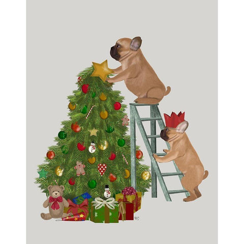 Christmas French Bulldog Tree Ladder White Modern Wood Framed Art Print by Fab Funky