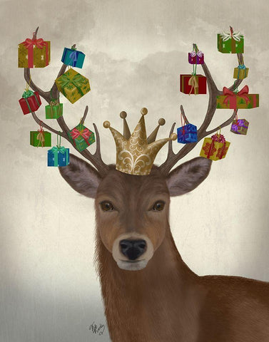 Christmas Gift Bearing Deer White Modern Wood Framed Art Print with Double Matting by Fab Funky