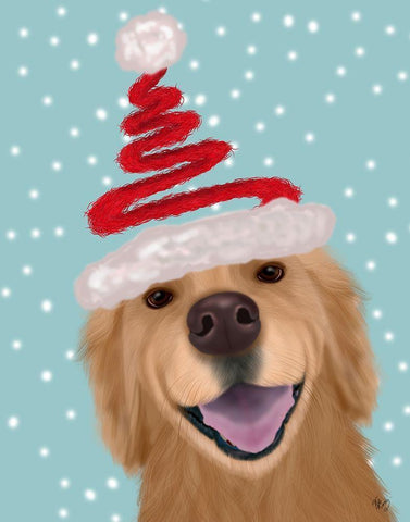 Christmas Golden Retriever and Spring Santa Hat White Modern Wood Framed Art Print with Double Matting by Fab Funky