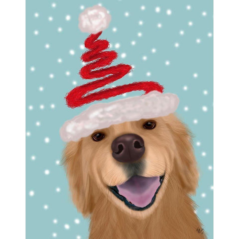 Christmas Golden Retriever and Spring Santa Hat White Modern Wood Framed Art Print by Fab Funky