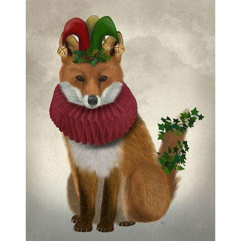 Christmas Holly and Ivy Fox Gold Ornate Wood Framed Art Print with Double Matting by Fab Funky