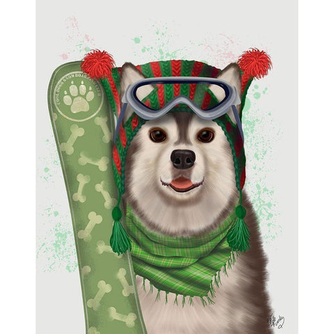 Christmas Husky Snowboard Gold Ornate Wood Framed Art Print with Double Matting by Fab Funky