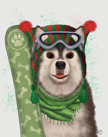 Christmas Husky Snowboard White Modern Wood Framed Art Print with Double Matting by Fab Funky