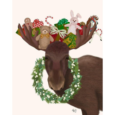 Christmas Moose and Christmas Gifts Gold Ornate Wood Framed Art Print with Double Matting by Fab Funky