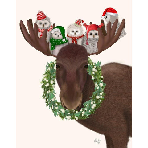 Christmas Moose and Christmas Owls Black Modern Wood Framed Art Print with Double Matting by Fab Funky