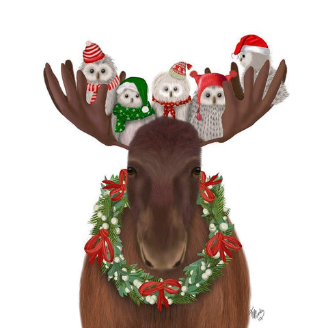 Christmas Moose and Christmas Owls Forward White Modern Wood Framed Art Print by Fab Funky