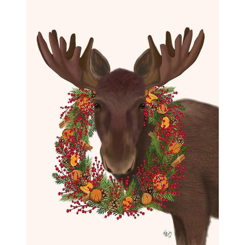 Christmas Moose and Cranberry Wreath White Modern Wood Framed Art Print by Fab Funky