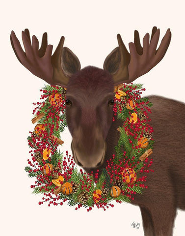 Christmas Moose and Cranberry Wreath White Modern Wood Framed Art Print with Double Matting by Fab Funky