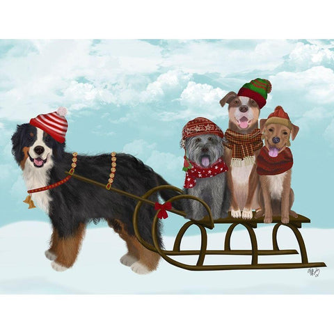 Christmas Mutt Sled White Modern Wood Framed Art Print by Fab Funky