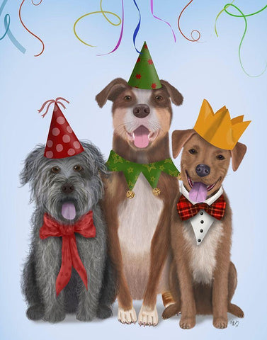 Christmas Party Mutts White Modern Wood Framed Art Print with Double Matting by Fab Funky