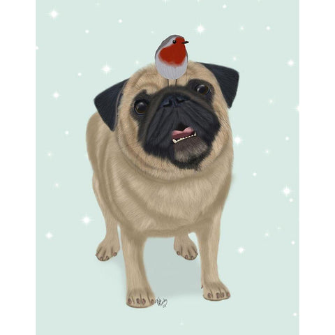 Christmas Pug and Robin Black Modern Wood Framed Art Print by Fab Funky