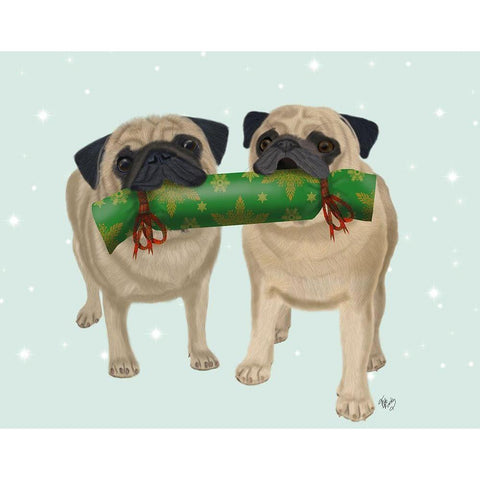 Christmas Pug Pair and Cracker White Modern Wood Framed Art Print by Fab Funky