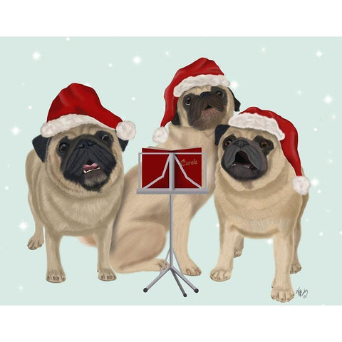 Christmas Pug Trio Carolling Black Modern Wood Framed Art Print by Fab Funky