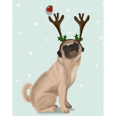 Christmas Pug with Antlers and Robin Black Modern Wood Framed Art Print by Fab Funky