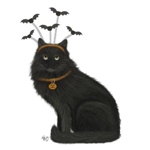 Halloween Black Cat and Bats Black Modern Wood Framed Art Print by Fab Funky