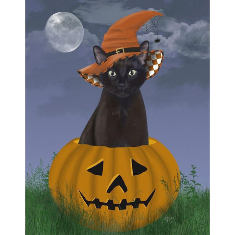 Halloween Black Cat in Pumpkin Black Modern Wood Framed Art Print by Fab Funky