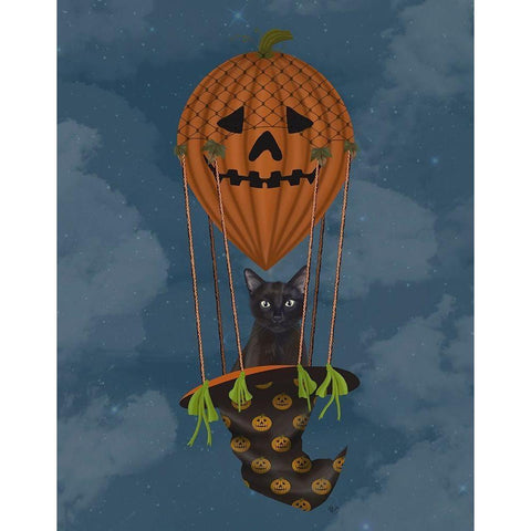 Halloween Black Cat in Pumpkin Hot Air Balloon Black Modern Wood Framed Art Print by Fab Funky