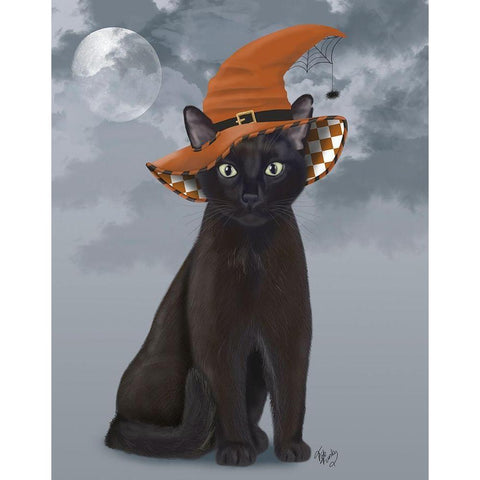 Halloween Black Cat in Witches Hat Black Modern Wood Framed Art Print by Fab Funky