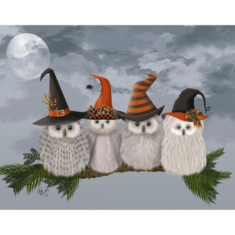 Halloween Halloween Owls on Branch Black Modern Wood Framed Art Print by Fab Funky