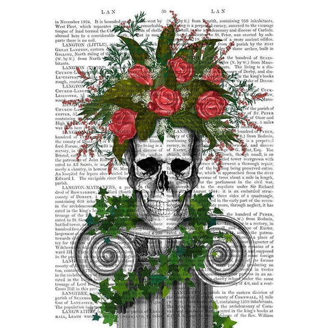 Skull with Roses and Berries Gold Ornate Wood Framed Art Print with Double Matting by Fab Funky