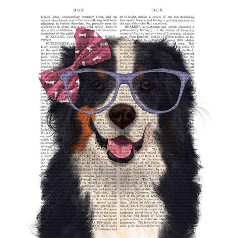 Bernese with Glasses and Bow Gold Ornate Wood Framed Art Print with Double Matting by Fab Funky