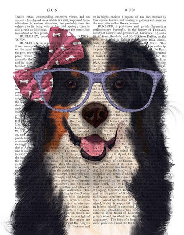 Bernese with Glasses and Bow White Modern Wood Framed Art Print with Double Matting by Fab Funky