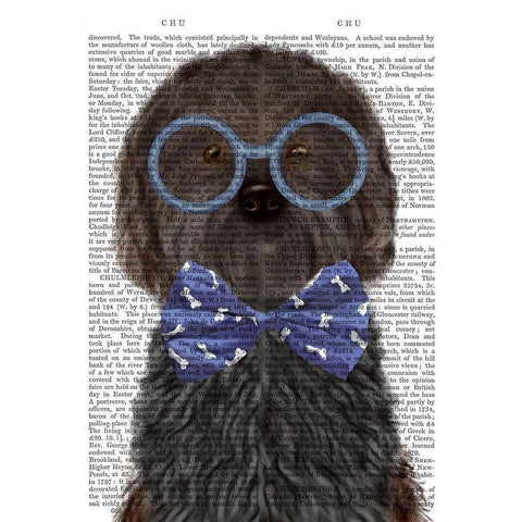 Cockerpoo, Black, with Glasses and Bow Tie White Modern Wood Framed Art Print by Fab Funky