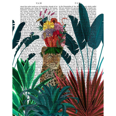 Leopard with Headdress White Modern Wood Framed Art Print by Fab Funky
